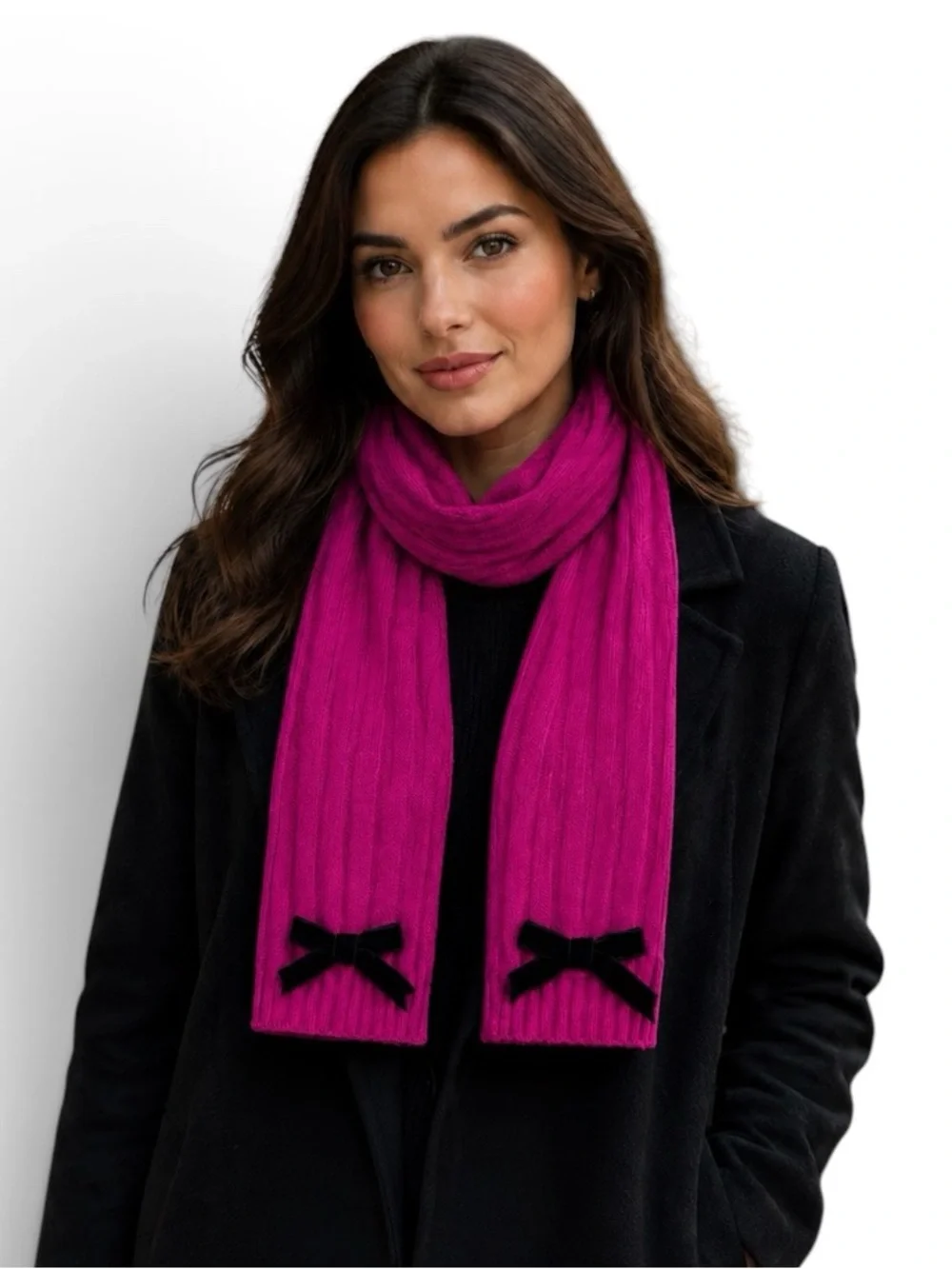 Kate Spade New York Hot Pink Ribbed Knit Velvet Bow Scarf NWT